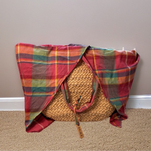 VINTAGE Ralph Lauren pastel plaid linen lined basket straw raffia tote bag - Picture 3 of 9